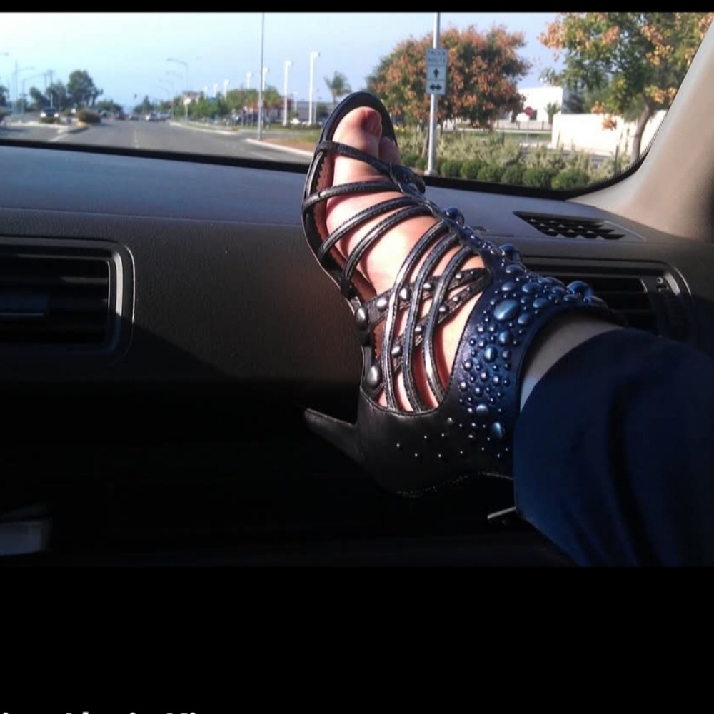 Studded Leather Black High Heel Shoes with Strappy Design--Rock On!